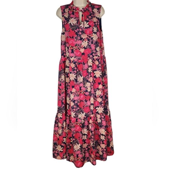 Sugarlips Sleeveless Floral Tiered‎ Maxi Dress V-neck Pockets Ruffle Pink Red XS - Picture 2 of 12